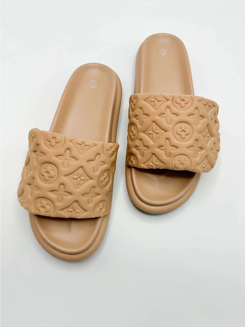 EGO Women's Beige Monogram Logo Slide Sandals Slip On Synthetic Upper US 7
